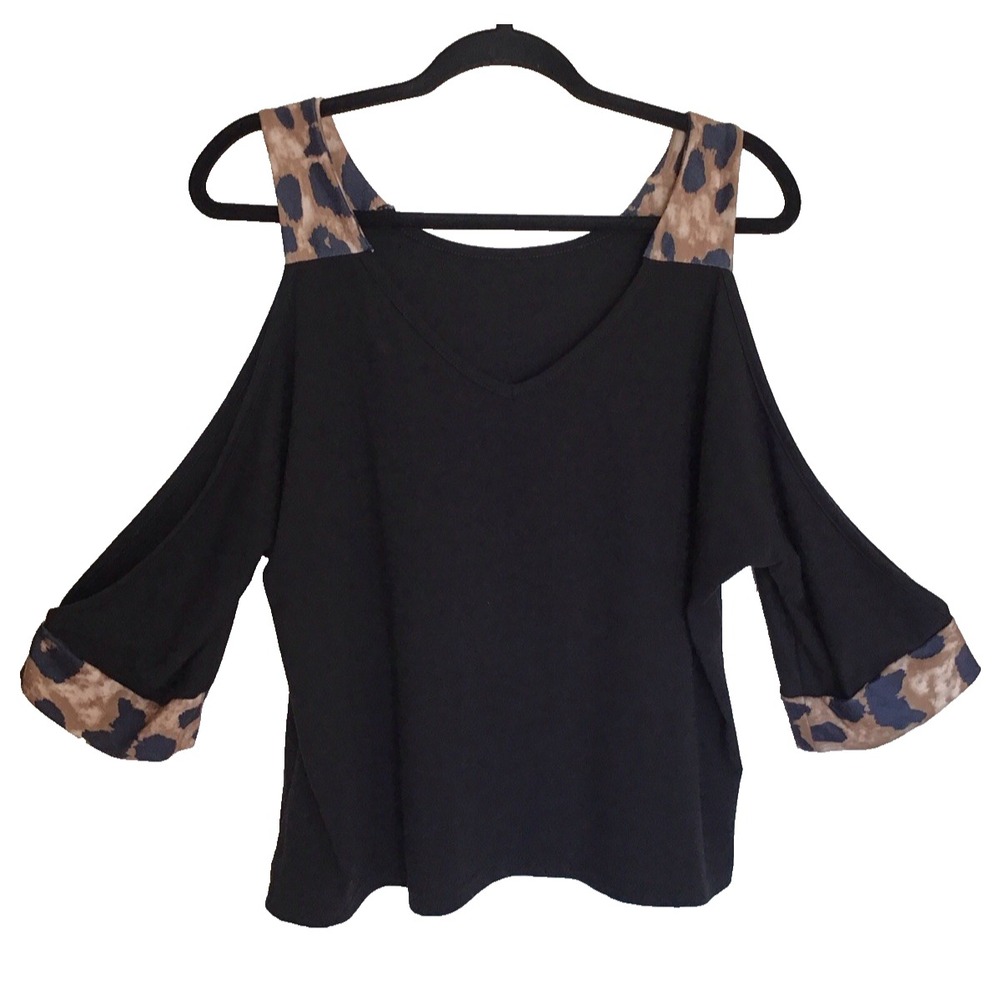 Unbranded Black Leopard Print 3/4 Sleeve Cold Shoulder Top Ribbed Size X-Large